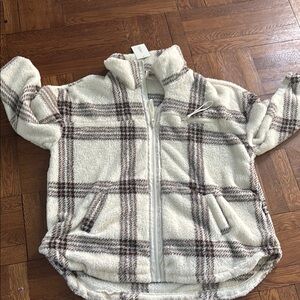 Fuzzy and Cozy Cream and Brown Teddy Jacket Relaxed Fit